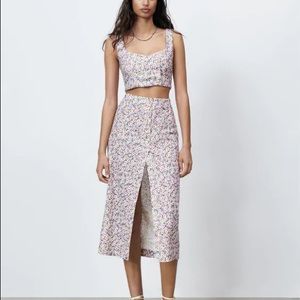 ZARA Linen Blend Floral Printed Crop Top+ Skirt